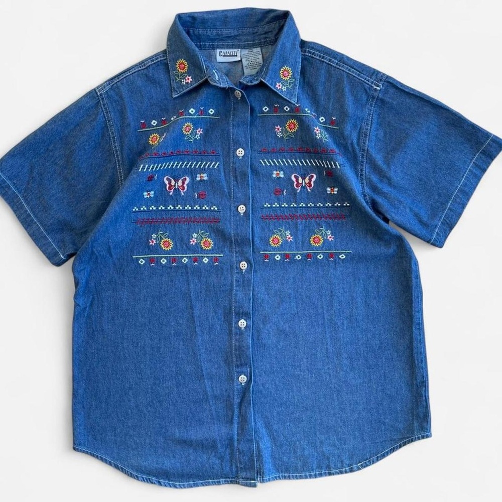 Vintage Capacity Embroidered Country Butterflies Flowers Denim Button Down Shirt